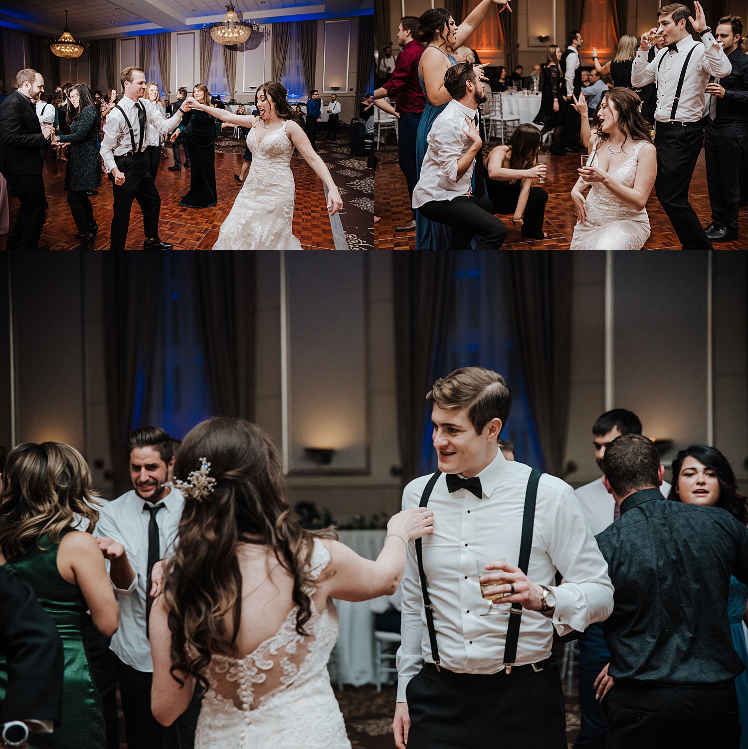 bride and groom dance with wedding guests at wedding reception before send off 