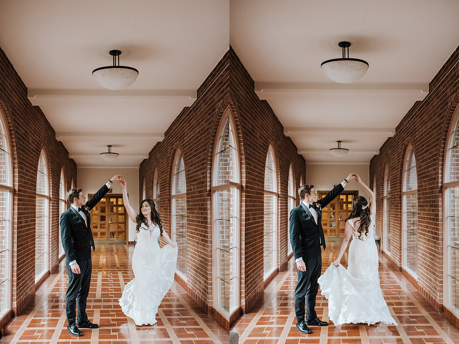 newly married couple in the halls of the inn and st. johns on wedding day 