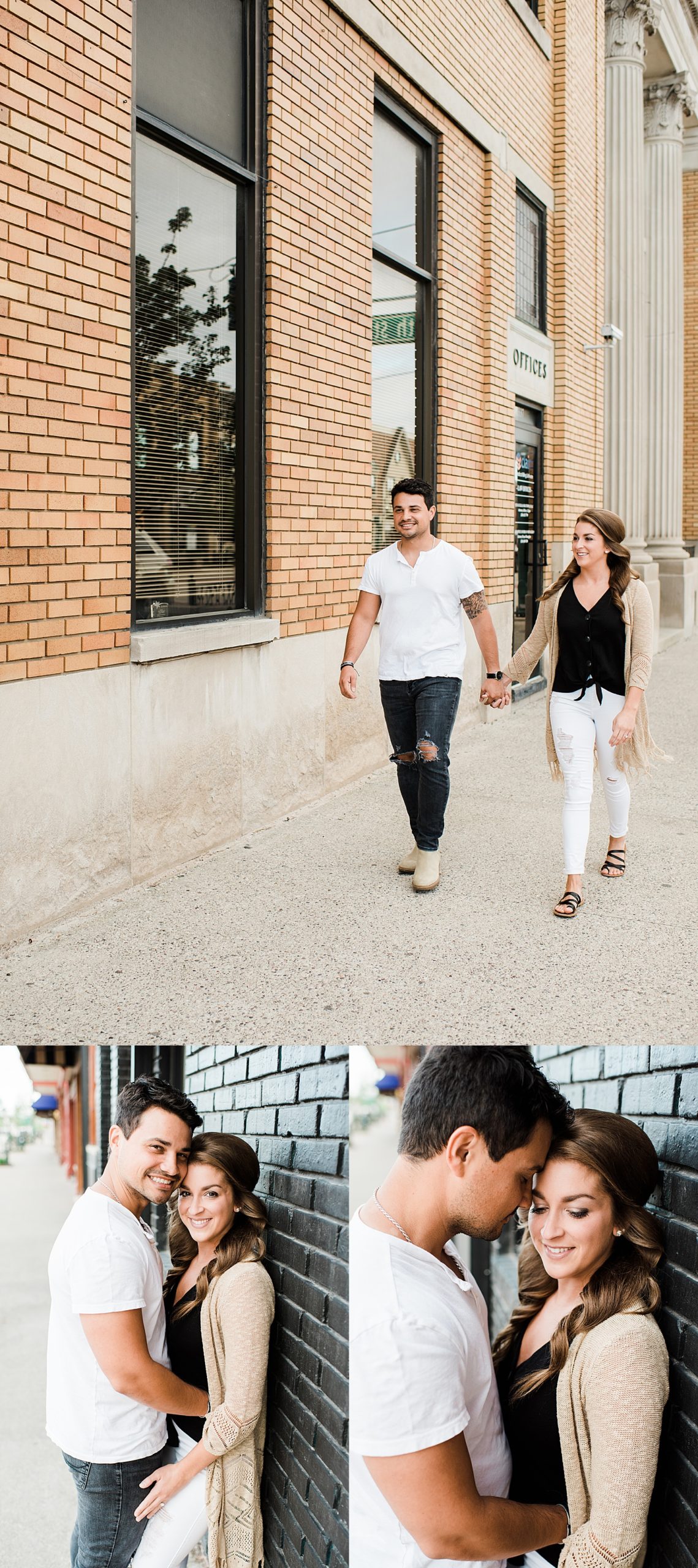 Stony Creek metro park engagement session while woman wears tan cardigan and white jeans