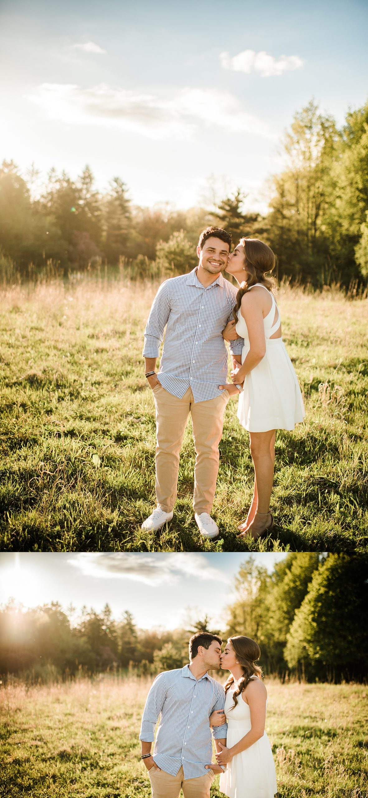 Engaged couple at sunset while wearing white short mini dress and button up longsleeve shirt