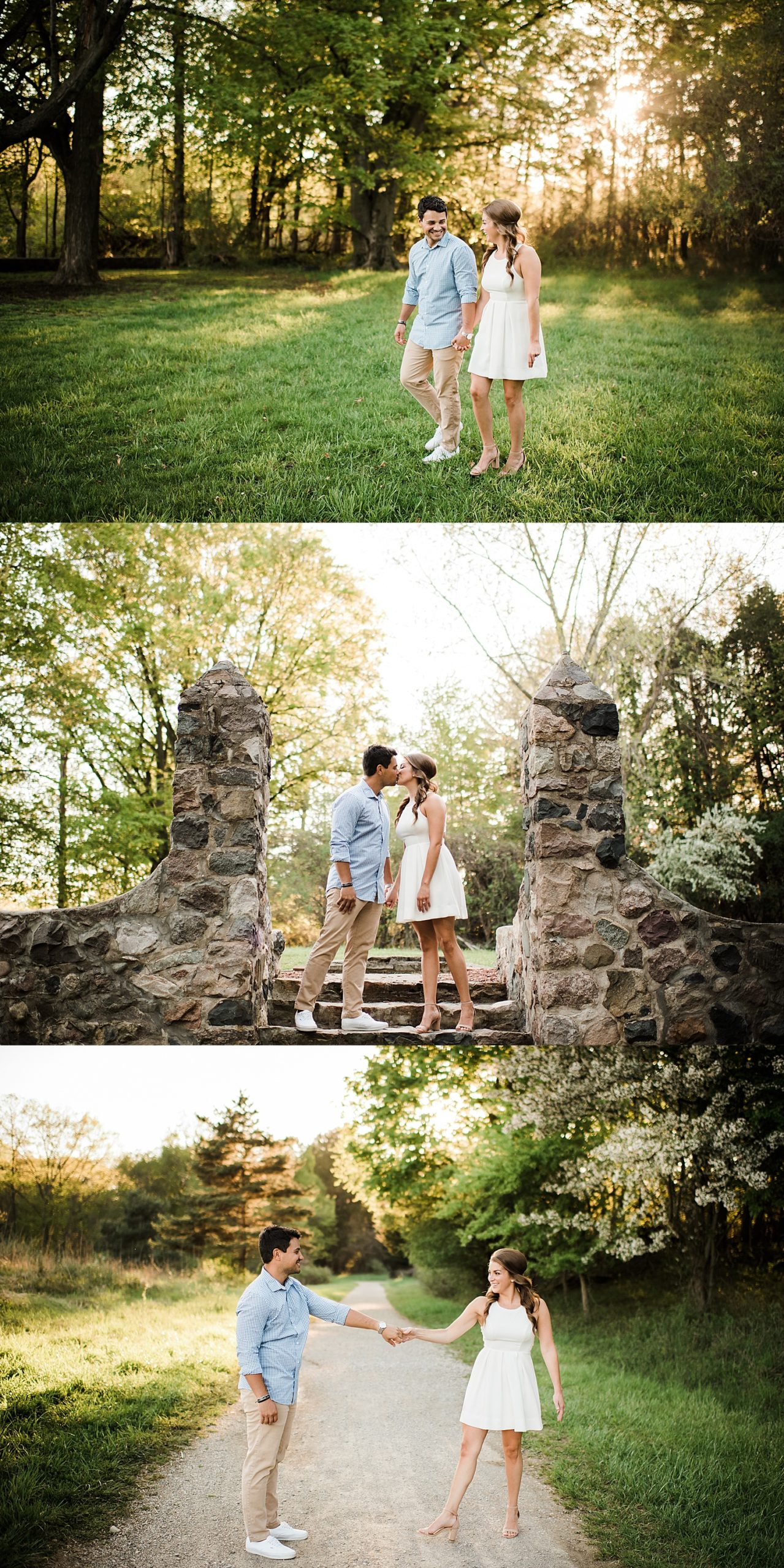 Engaged couple standing on steps at Stony Creek metro park engagement session