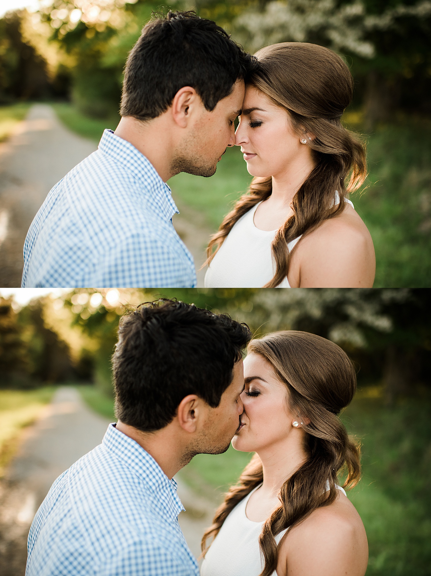 Engaged woman wearing diamond stud earrings and curled her kissing fiancé during stony Creek metro park engagement session