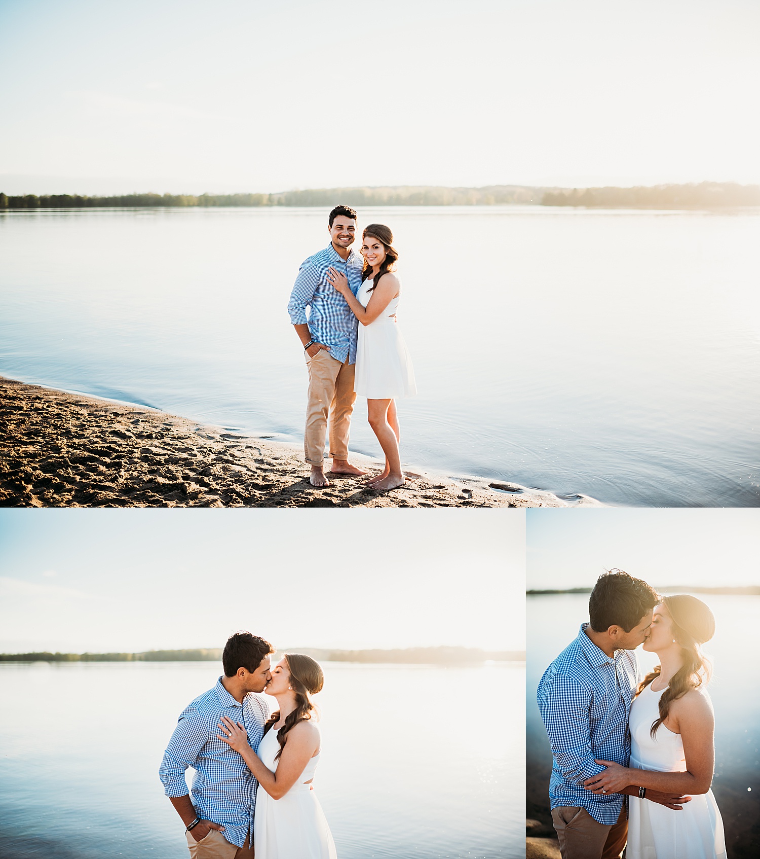 Couple standing at the waters edge of stony Creek metro park engagement session sharing kiss