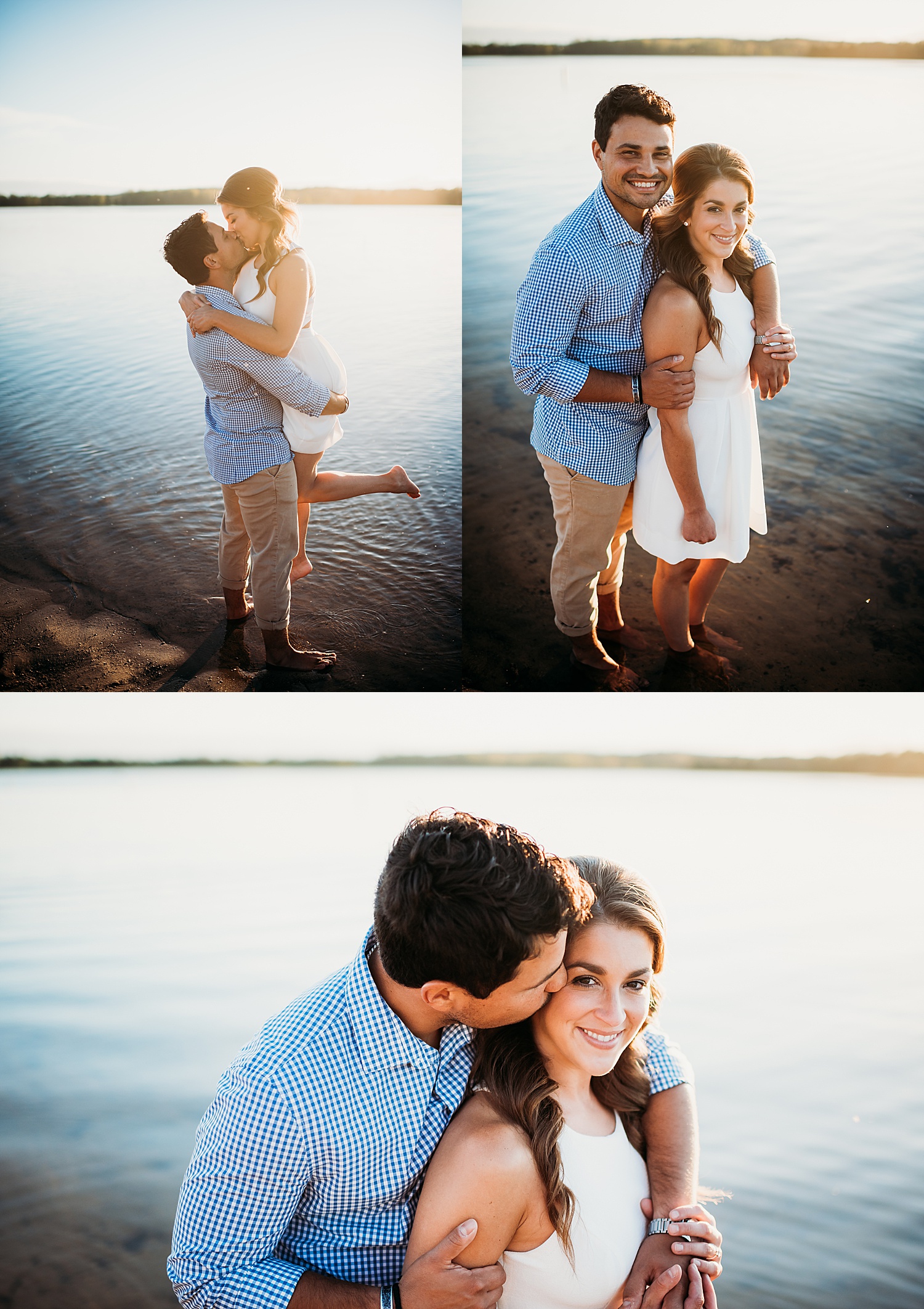 Engaged couple getting playful in water with Detroit engagement photographer wearing formal clothing