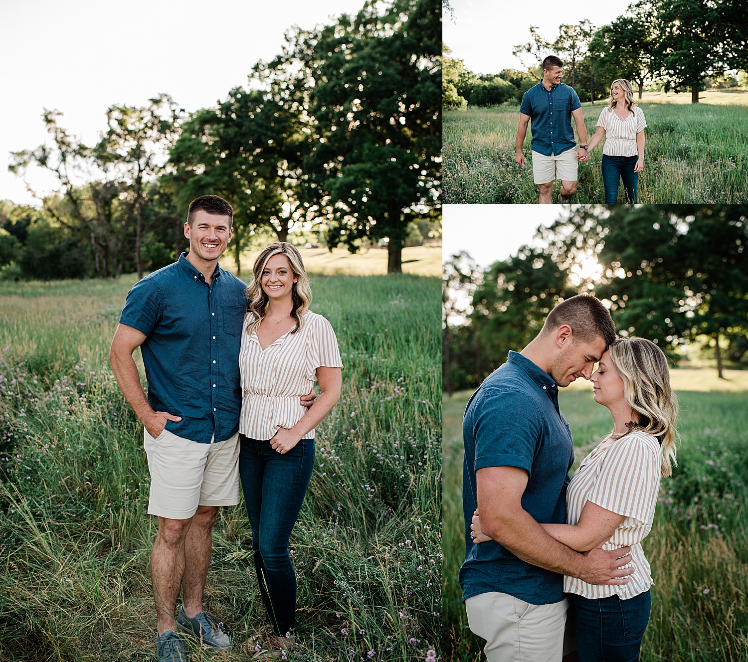 engaged couple wearing tan and blue clothing during summer session in grass wild flower field 
