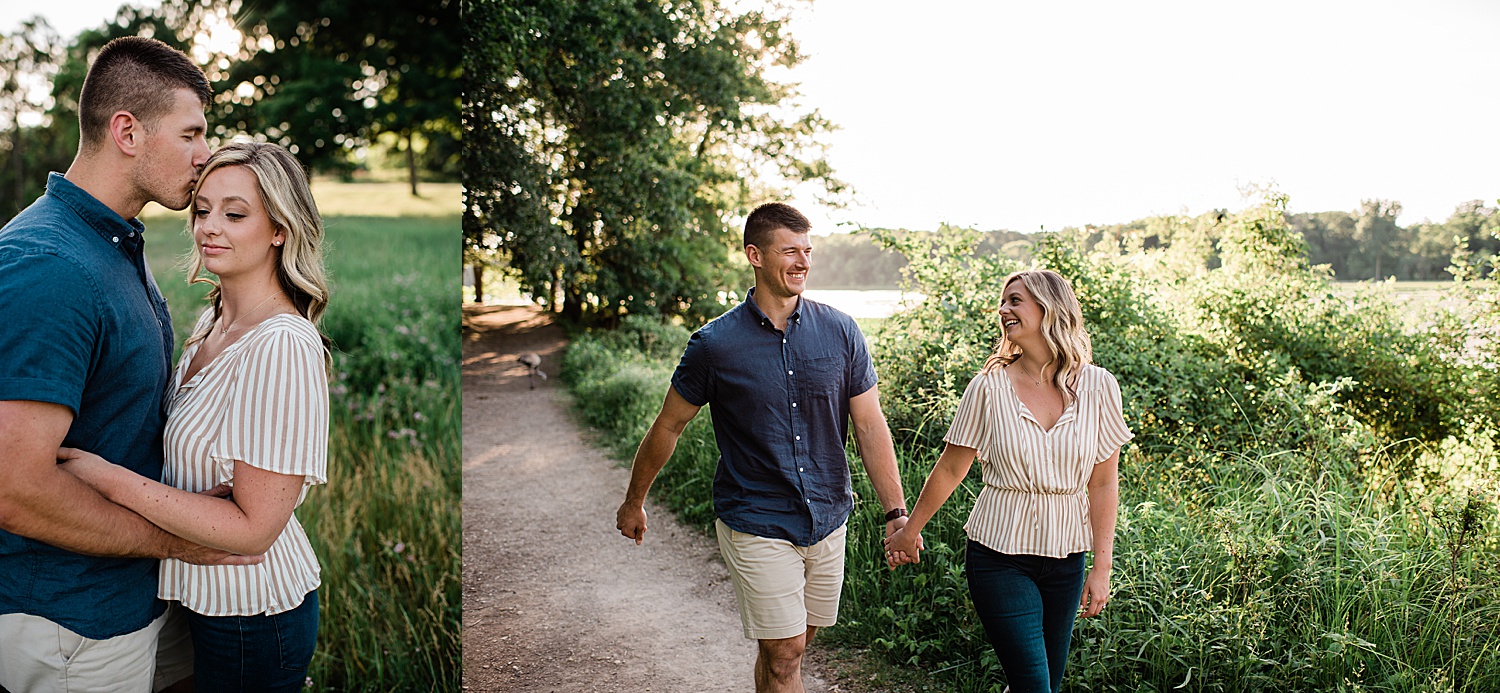 engaged couple walking down park path with Michigan engagement photographer 
