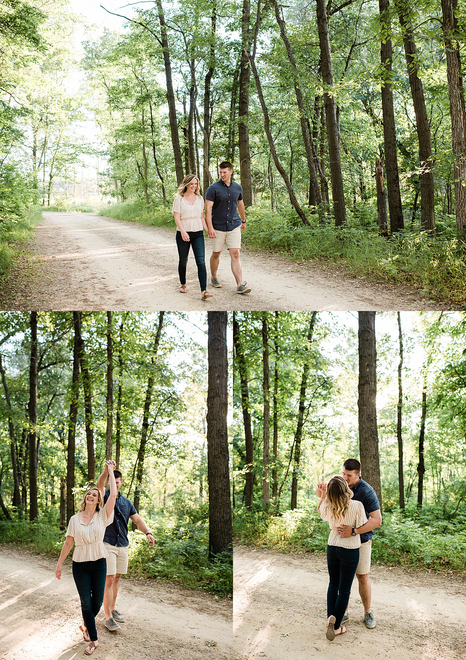 engaged coupled during Milford engagement session walking in the trees at Michigan park 