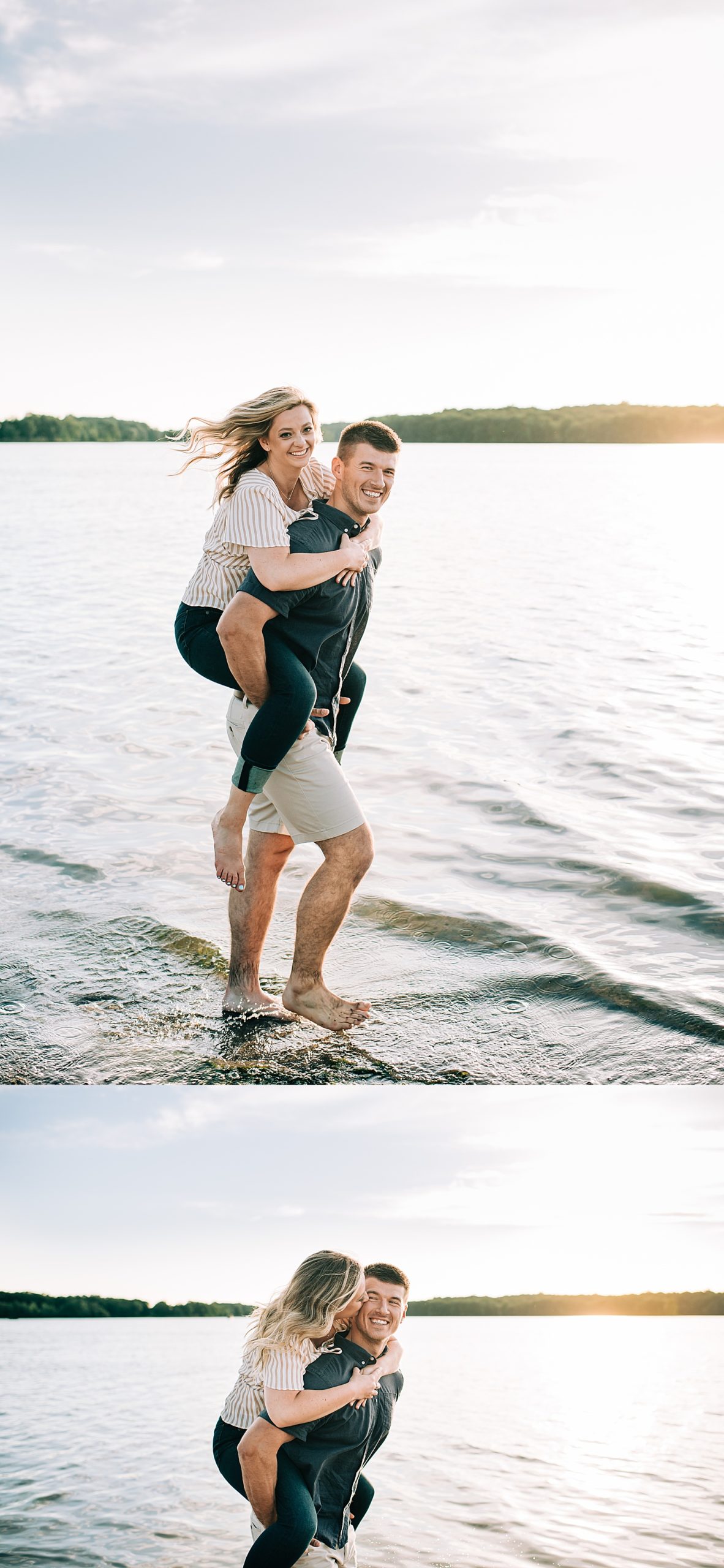 engagement session at sunset walking hand in hand in the water of Michigan park 