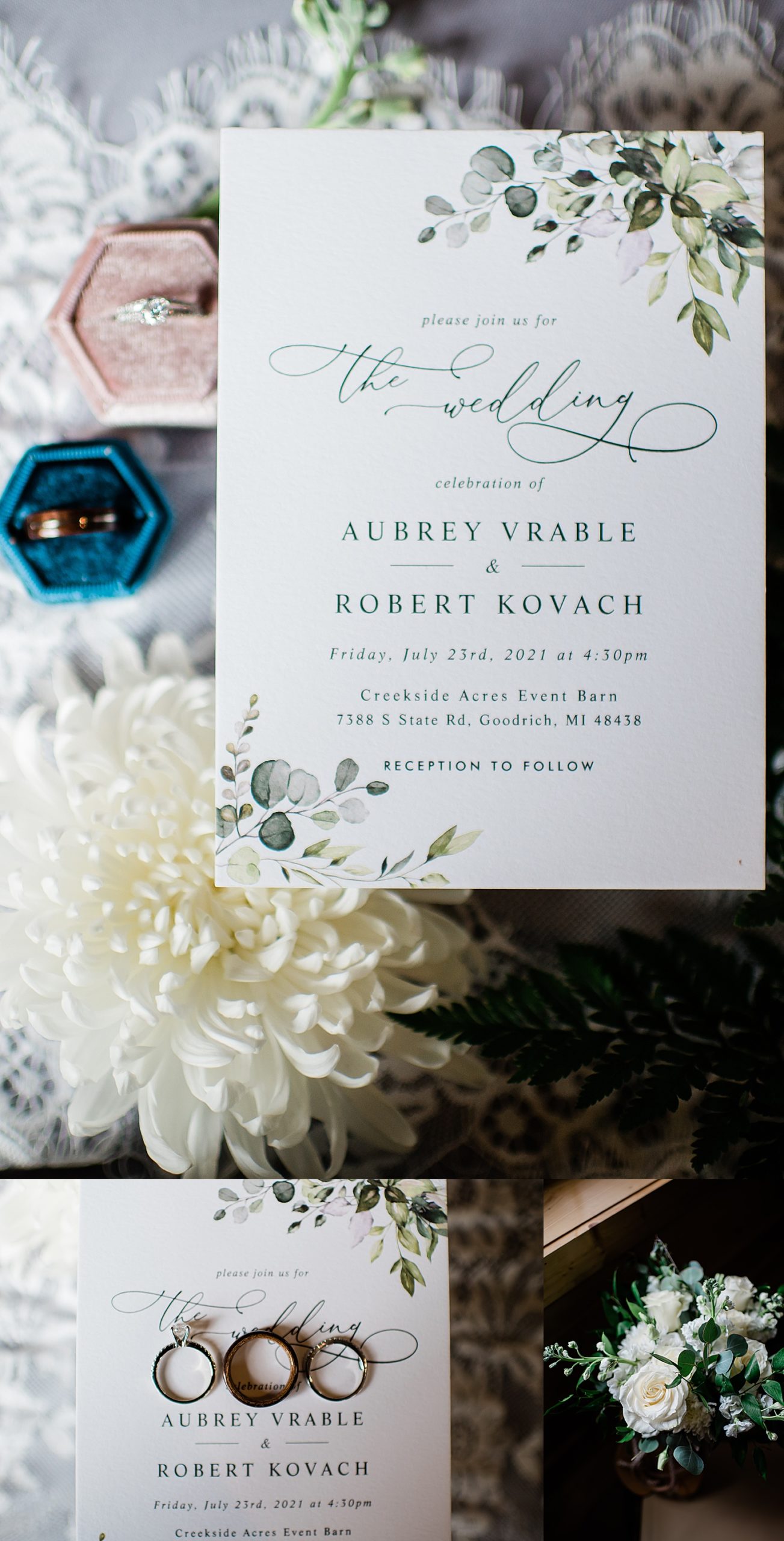 Wedding ring and stationary with white and green wedding bouquet with Michigan wedding photographer
