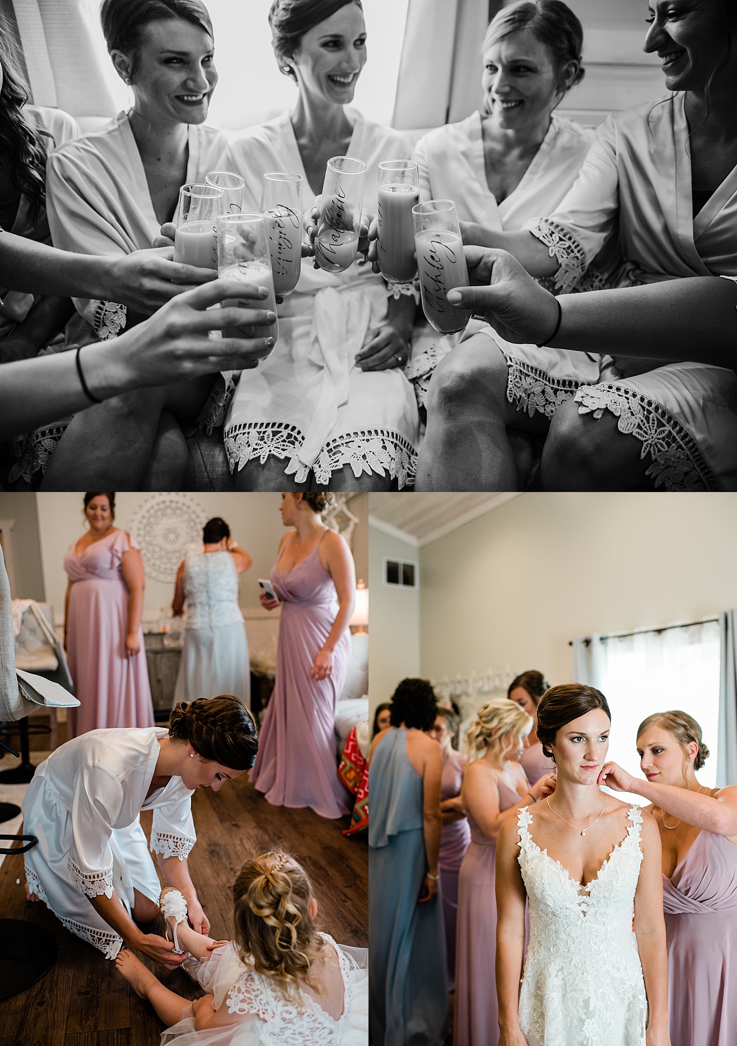 Bride and bridesmaids clinking champagne glasses and blush dresses at creekside wedding event barn