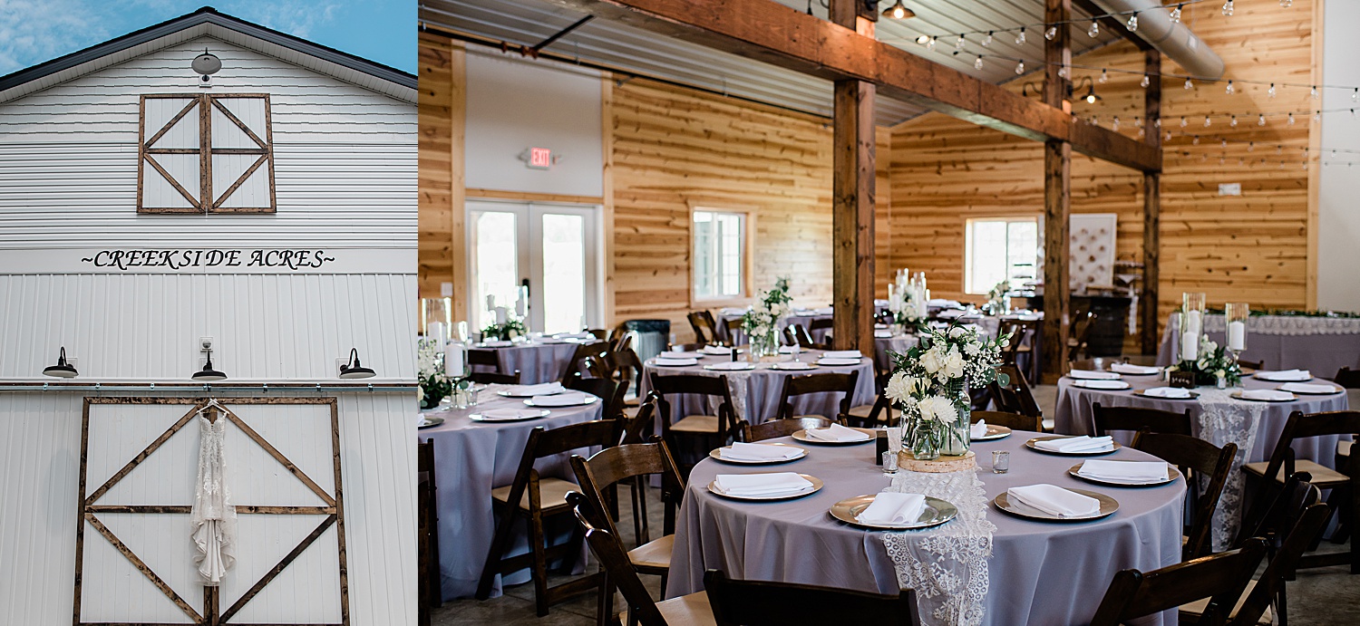 Creekside acres wedding barn with purple table drapes and white and green florals