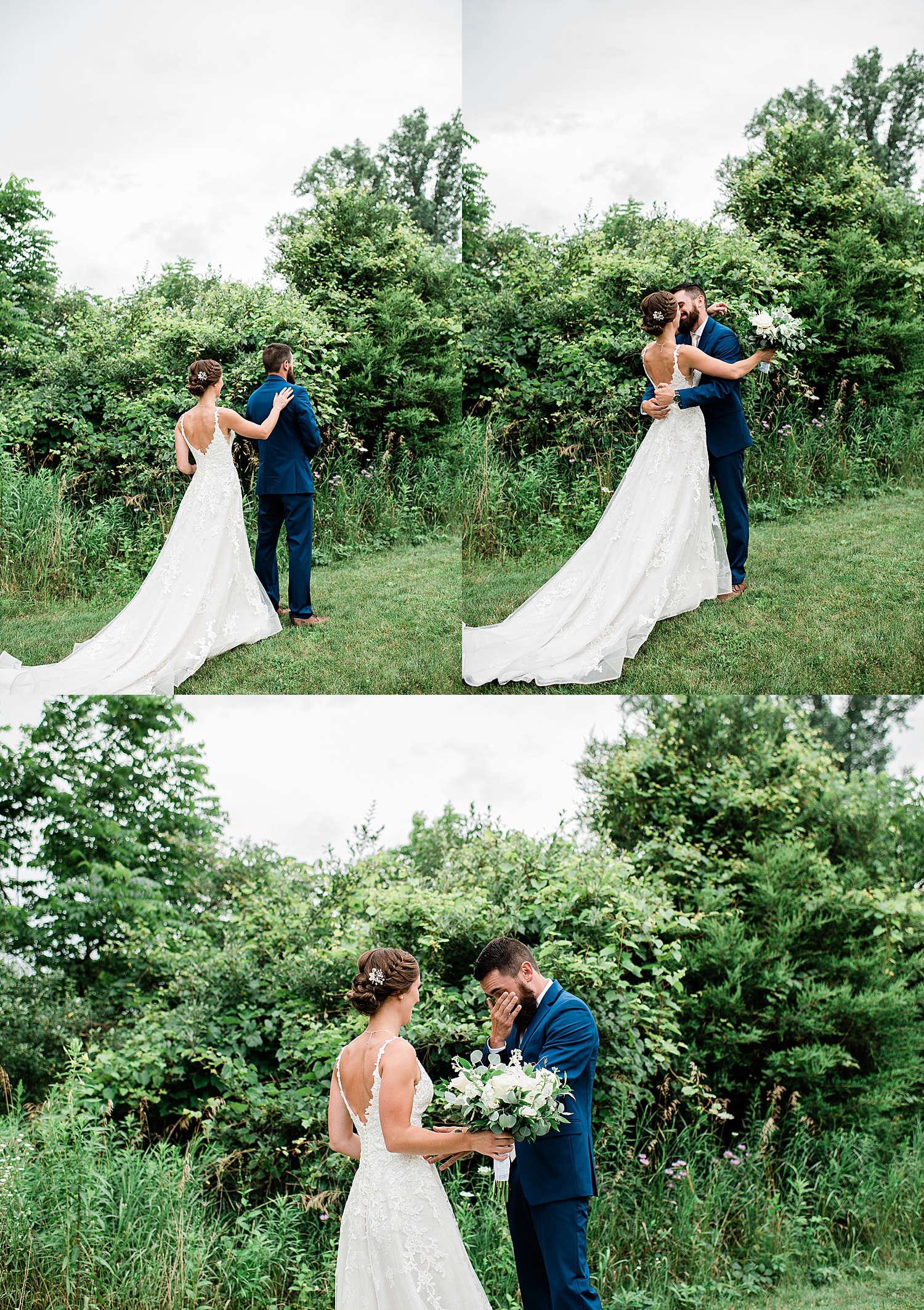 Bride and groom share emotional first look wearing navy blue suit and brown dress shoes