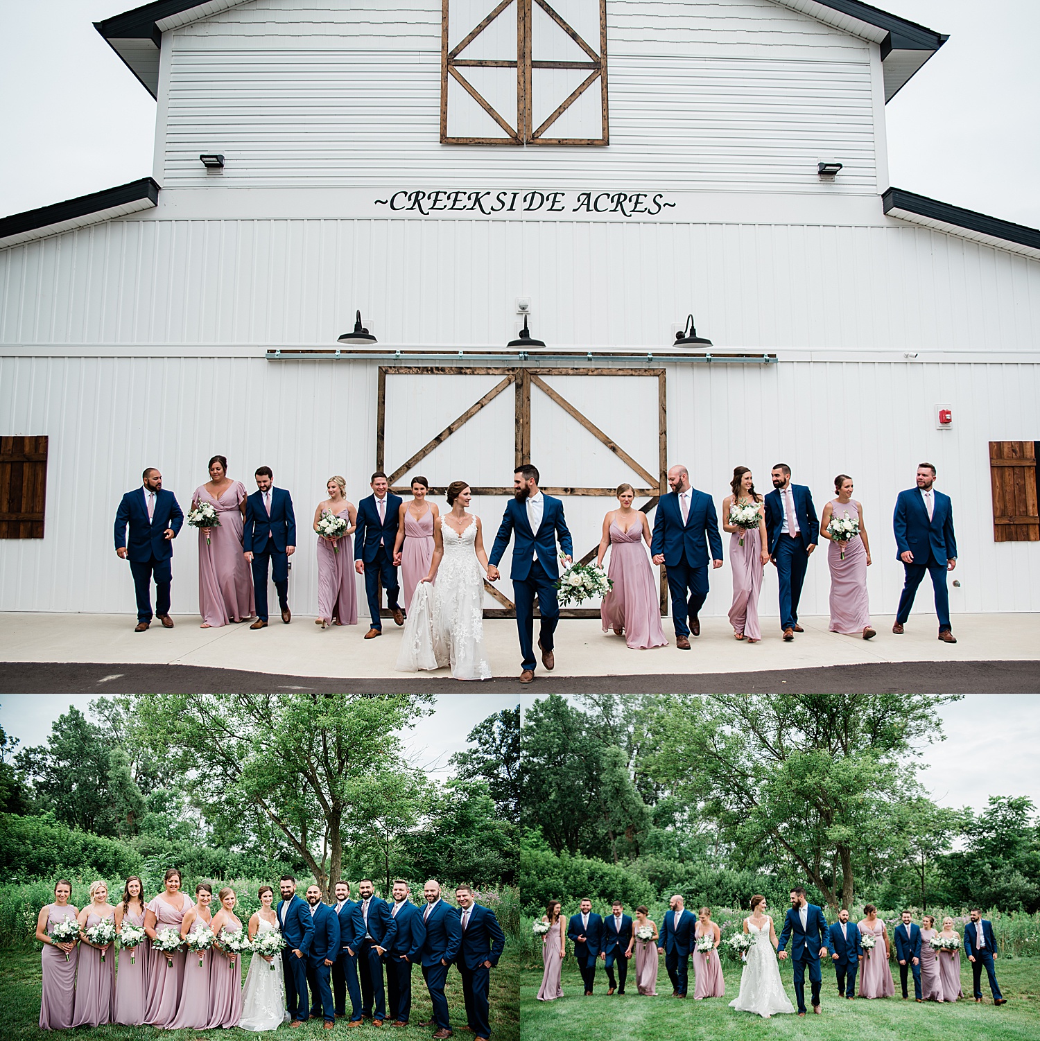 Bridal party outside of Creekside acres wedding event barn wearing blue suits and blush dresses