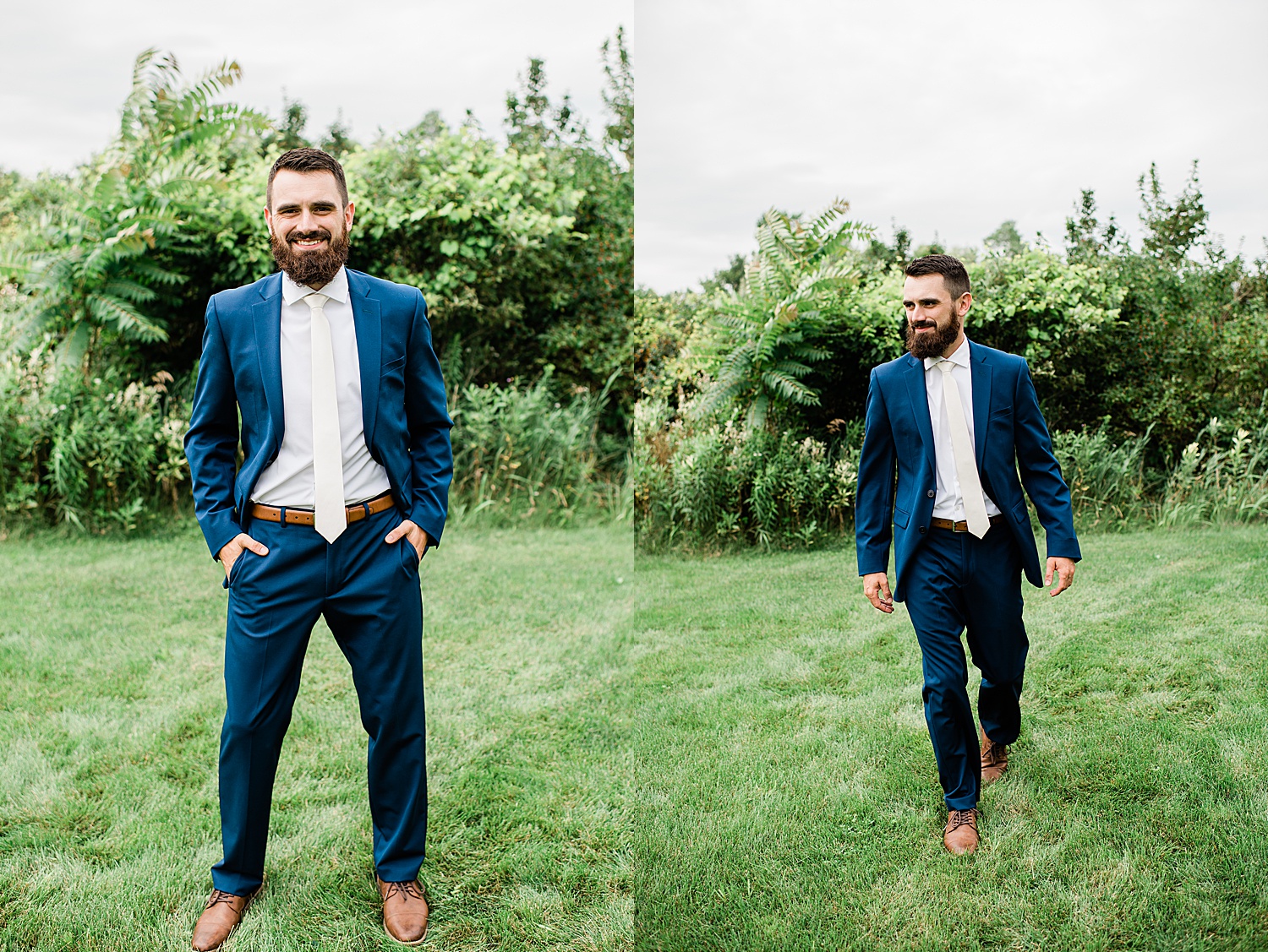 Room wearing navy blue suits and champagne color tie with brown dress boots Michigan wedding photographer