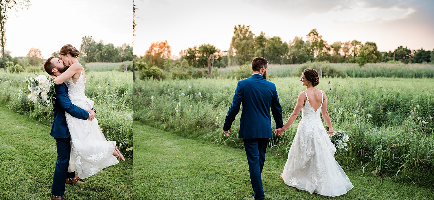 Bride and groom in floral field at creekside acres wedding event barn
