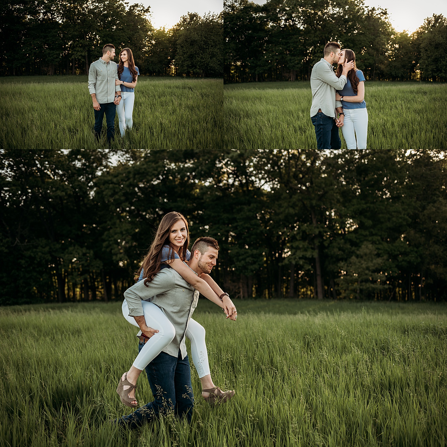 Engaged couple giving piggyback rides and holding hands through field