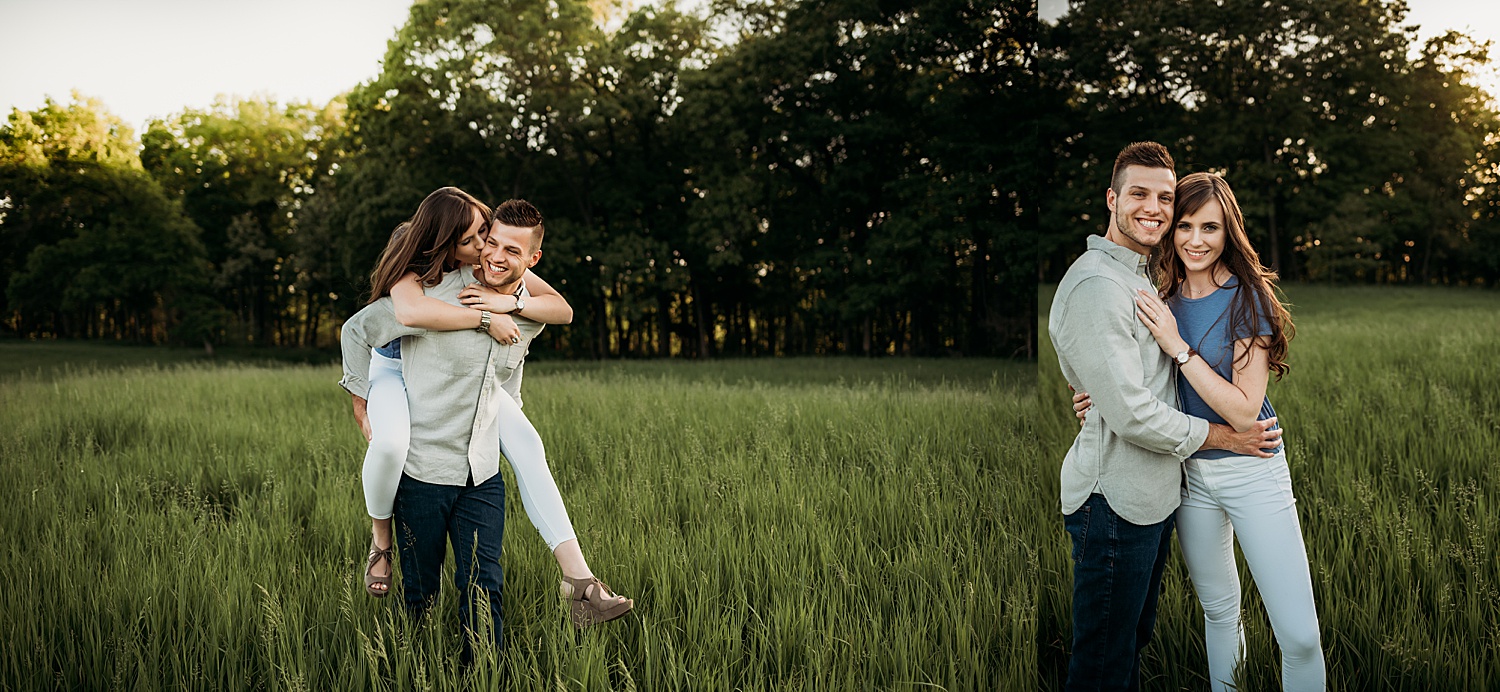 Newly engaged couple give piggyback rides walking through Grassfield