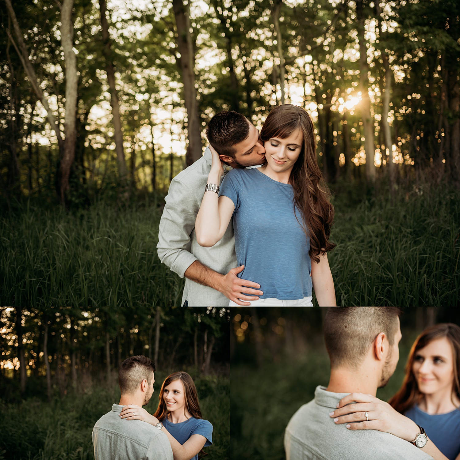 Couple standing in trees during summer day engagement session
