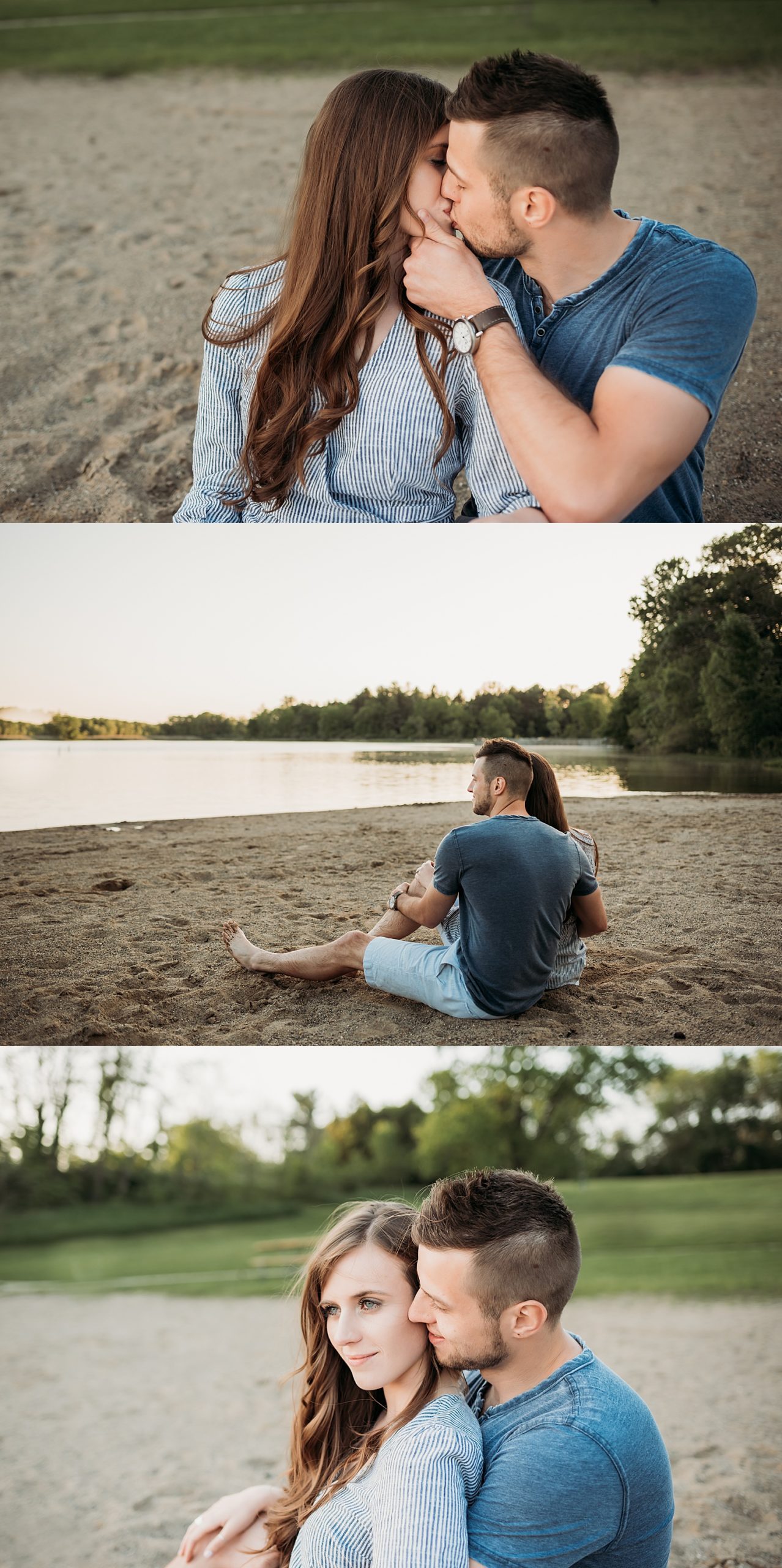 Couple watches sunset in the sand and share kiss at summer day engagement session