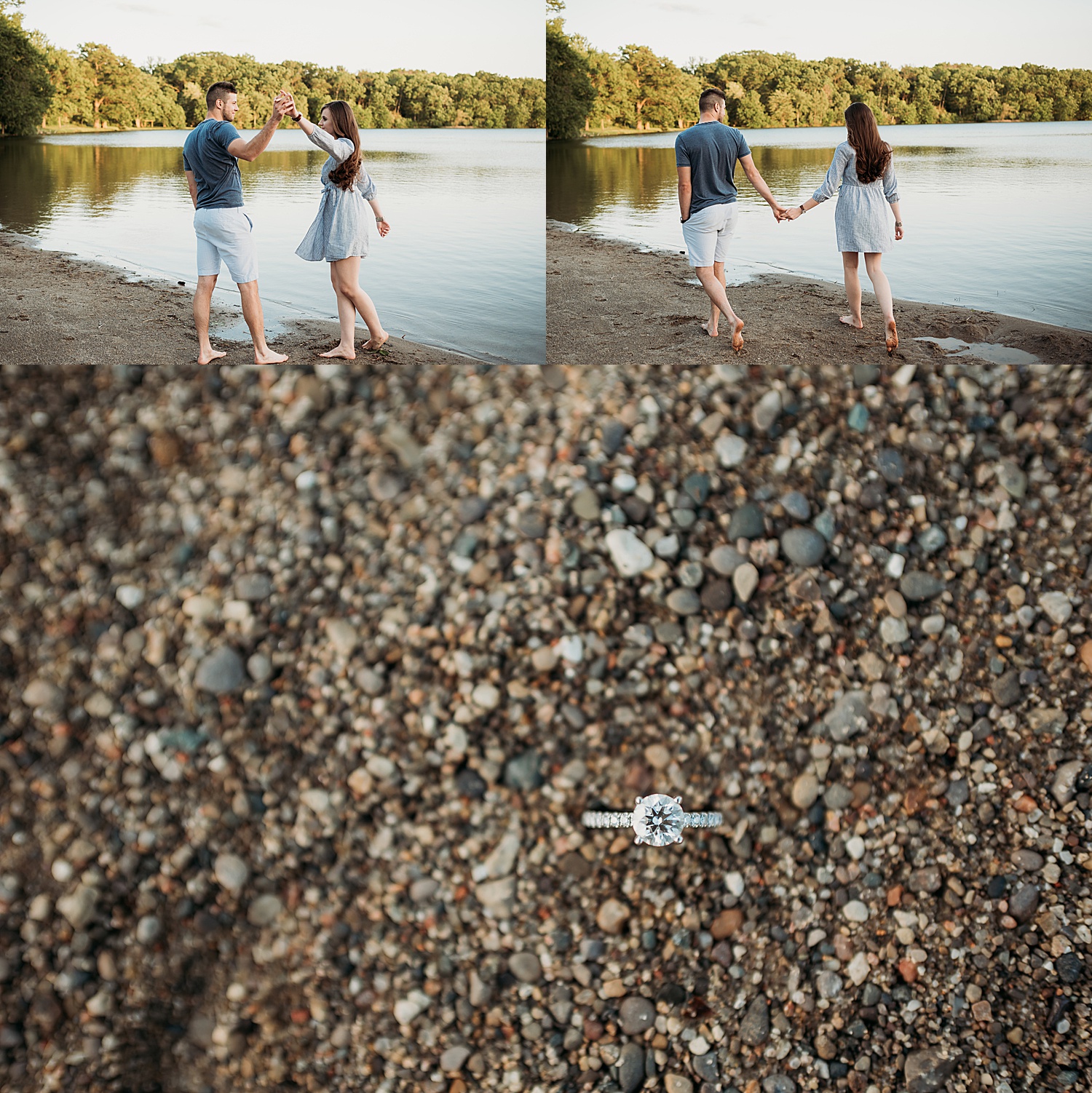 Diamond engagement ring sitting on the rocks of beach after summer day engagement session