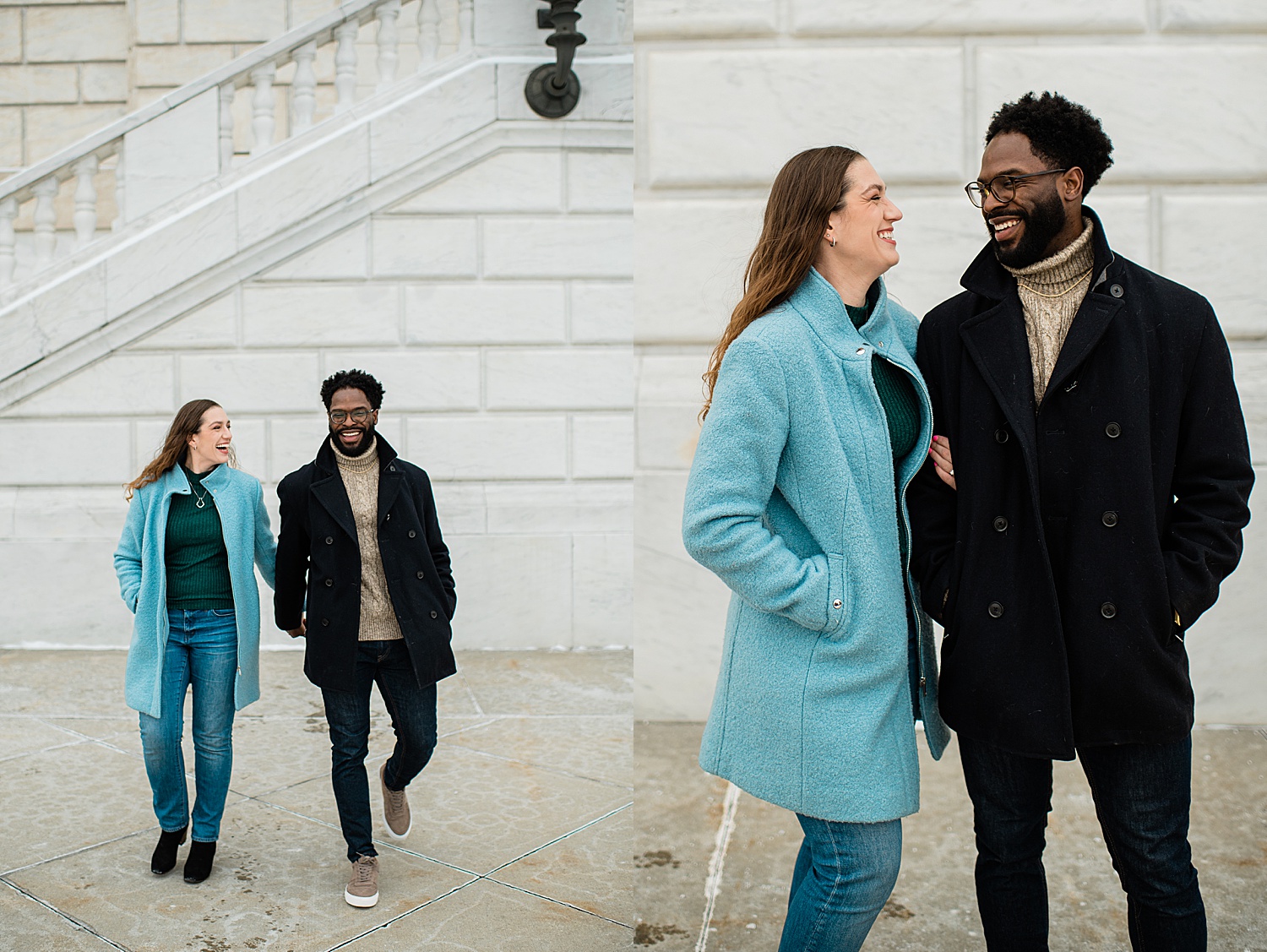 Winter city session in Detroit with couple wearing coats