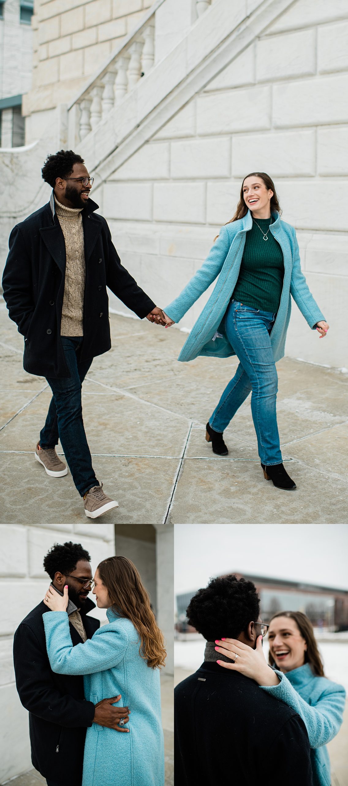 Winter city session with couple in Detroit Michigan wearing jeans and boots