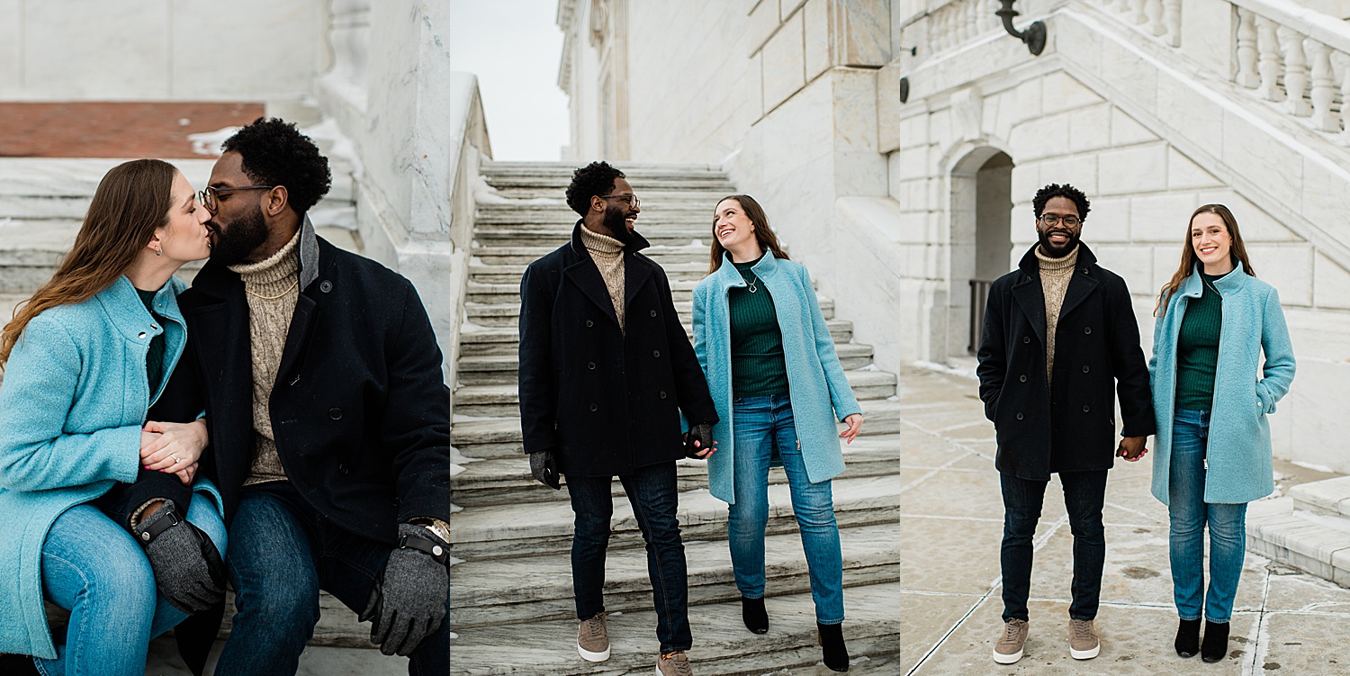 Winter engagement session while wearing gloves and coats holding hands walking down the steps