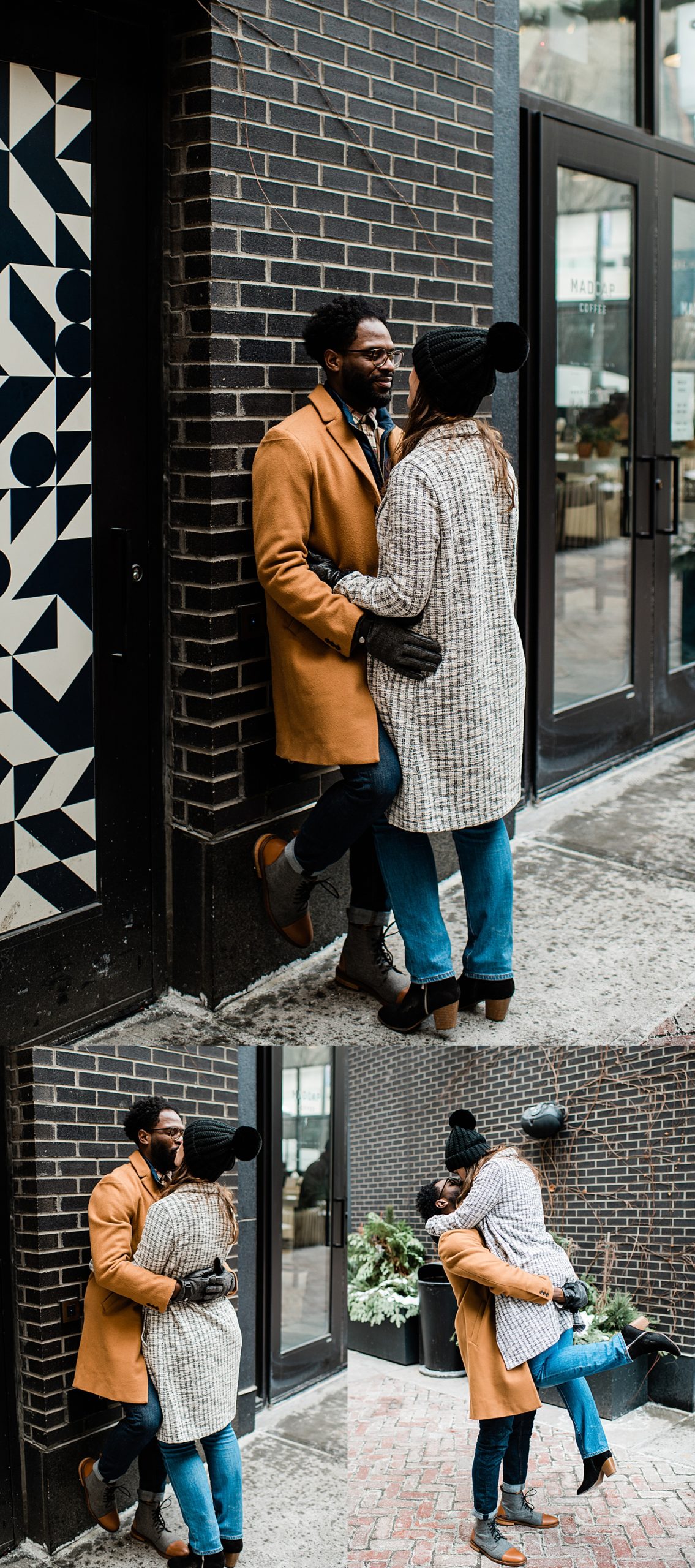 Engaged couple wearing gloves during winter engagement session wearing beanies and boots