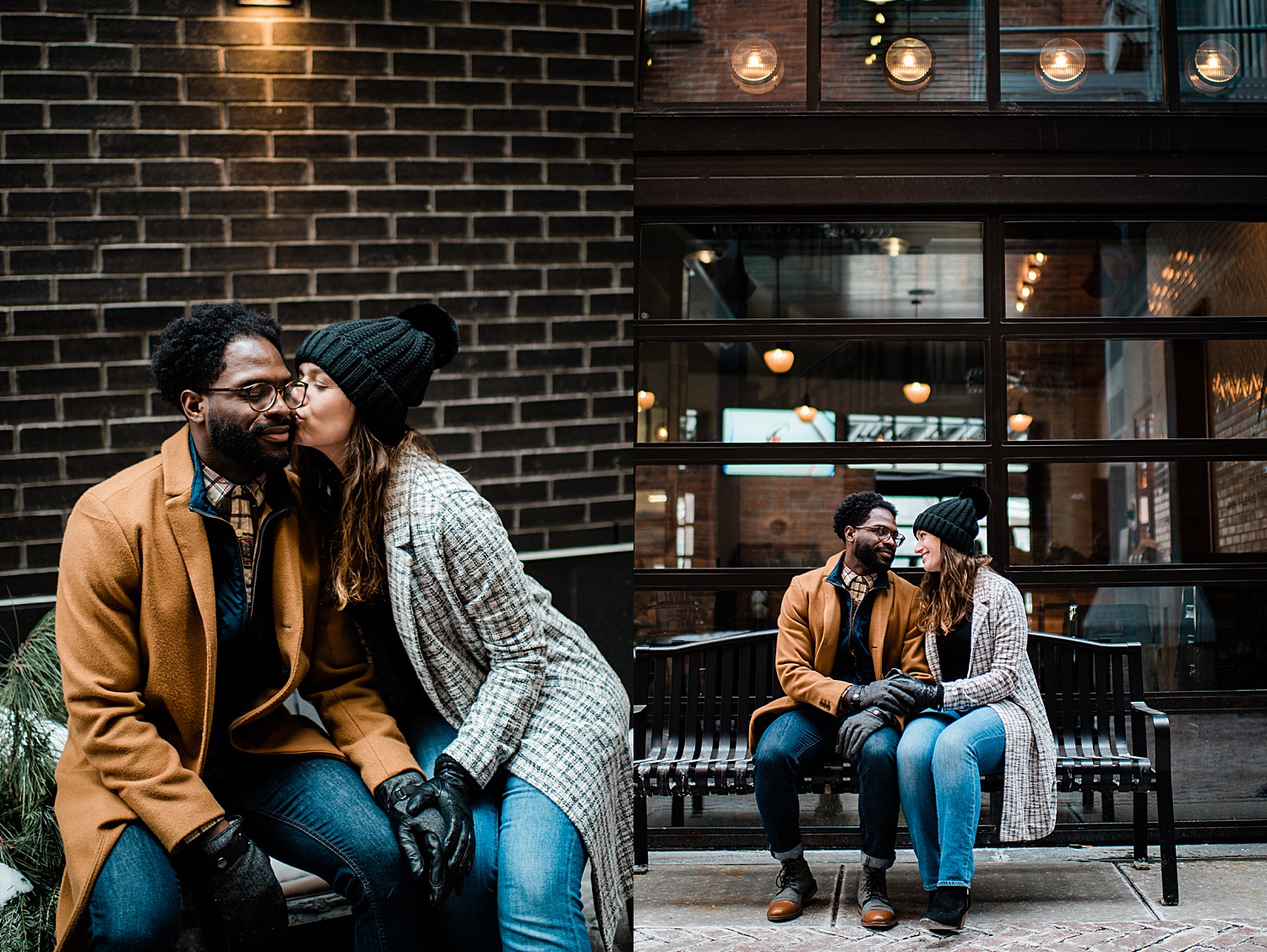 Engaged couple wearing beanies and codes during cold engagement session in Michigan