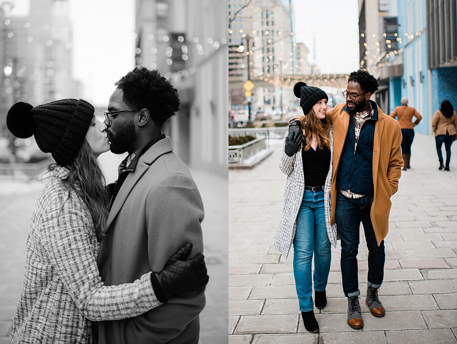 Engaged couple kissing on the streets of Detroit during winter engagement session