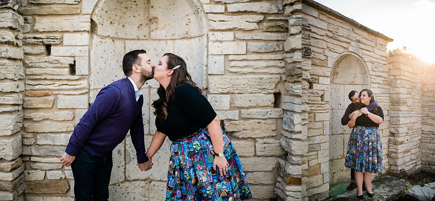 Man and woman wear pattern skirt and purple longsleeve top at sunset of engagement session