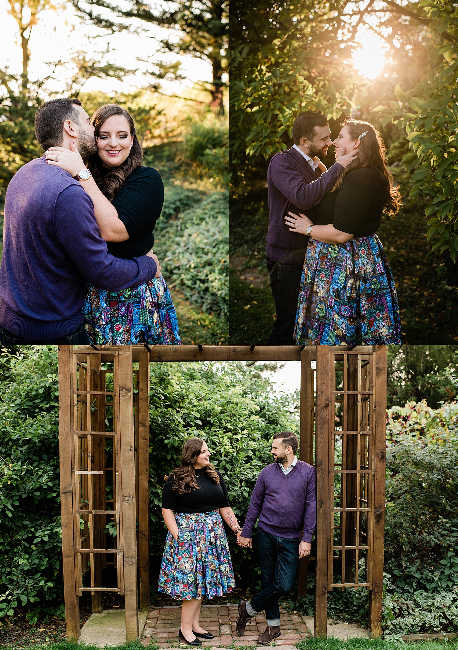  Engaged couple gives Cheek kisses at sunset at Lansing engagement session