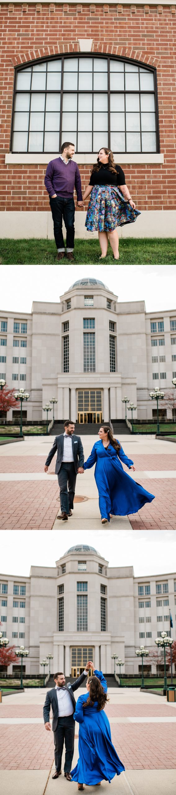Woman wears signature blue wrap dress during Lansing engagement session in Michigan