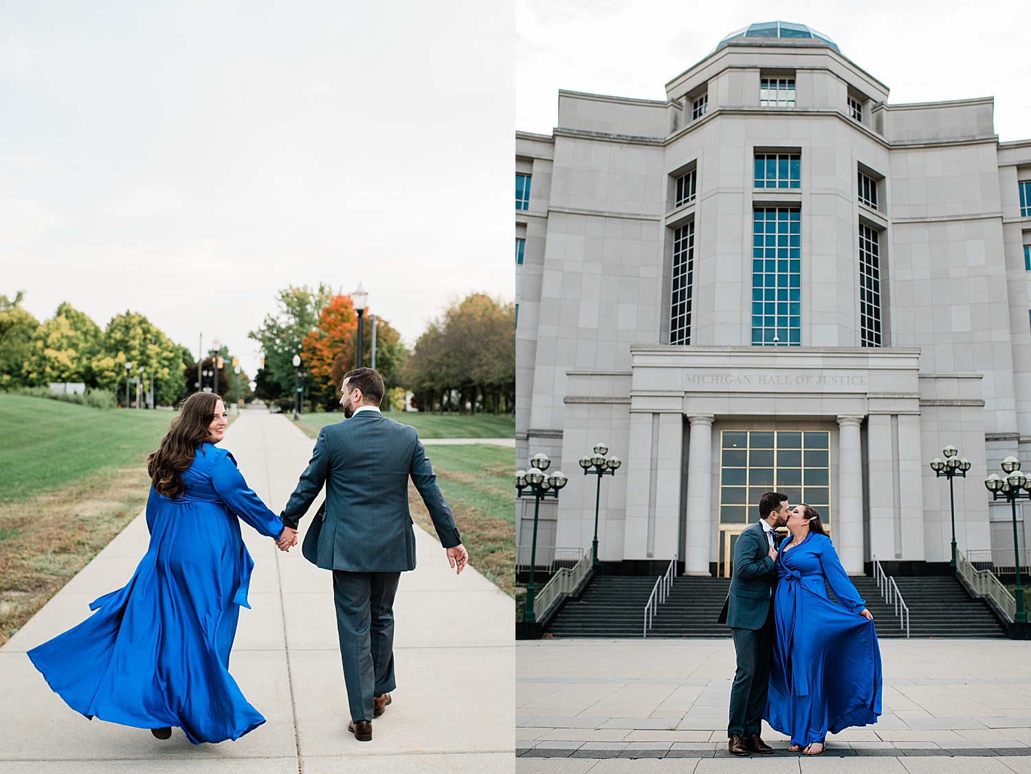 Engaged couple kissing outside of Michigan hall of justice at Lansing engagement session