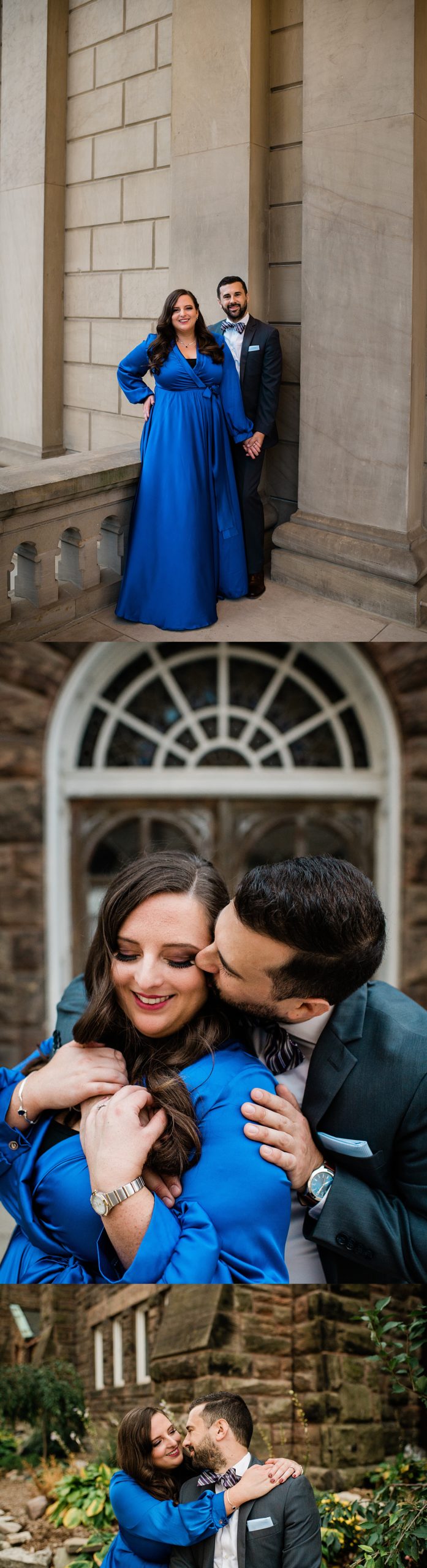 Couple giving cheek kisses and wrapping arms around one another during Lansing engagement session