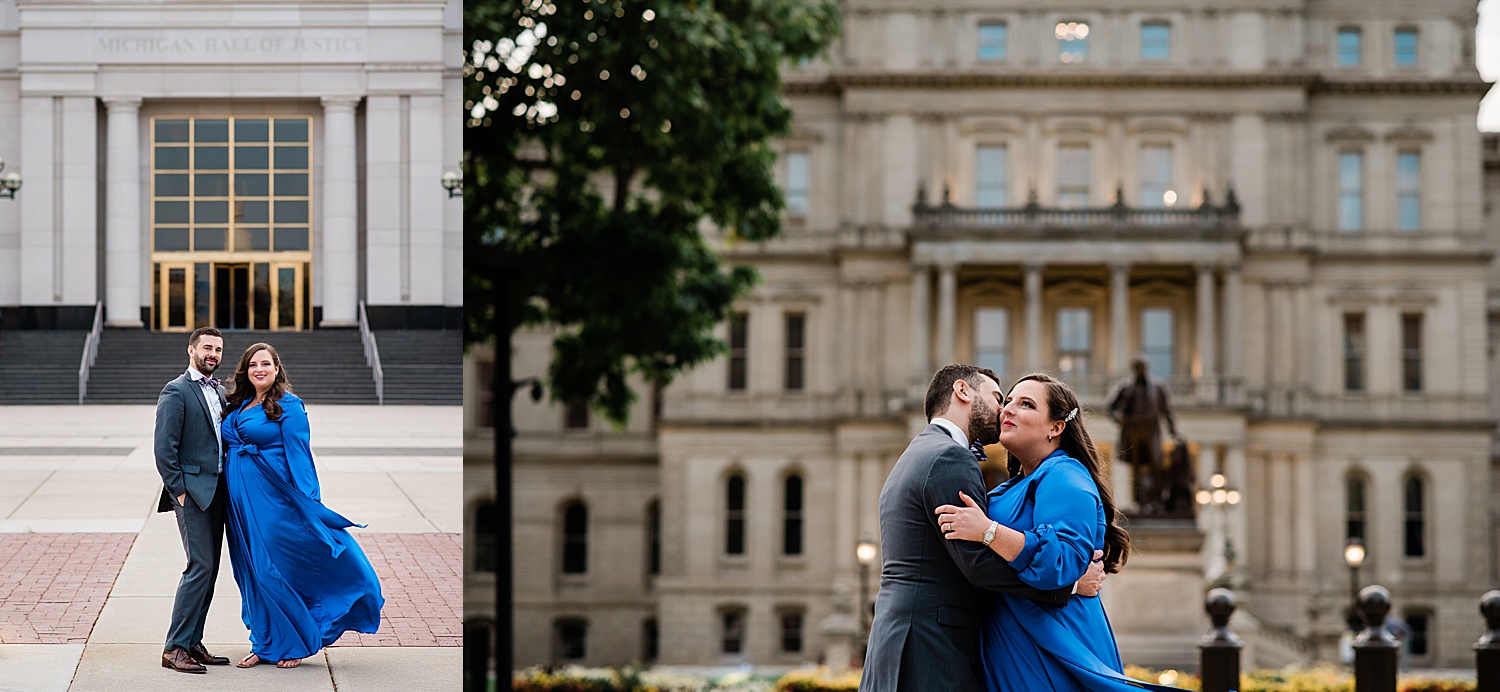 Couple standing on steps during Lansing engagement session