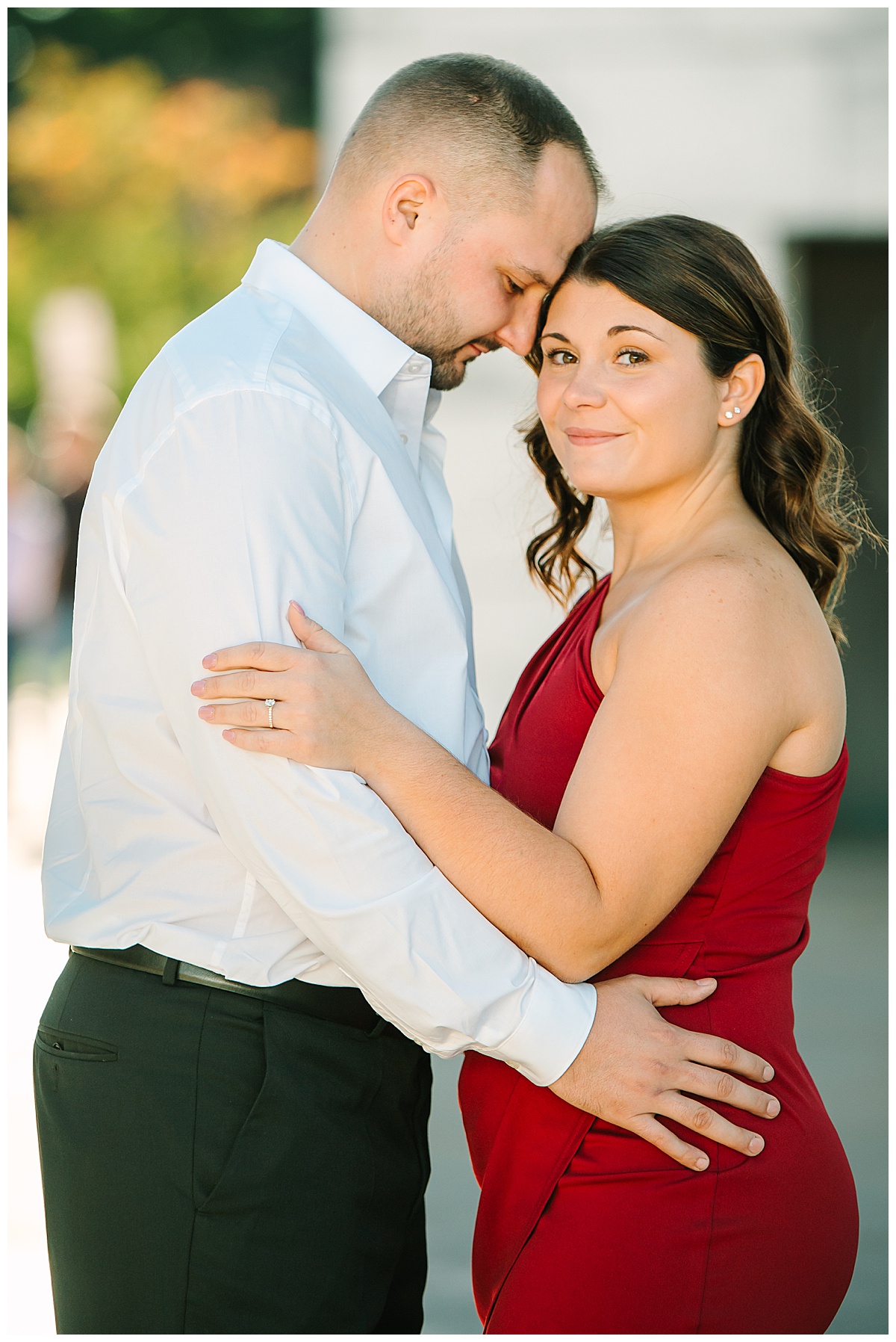 Man and woman holding each other for Detroit Engagement Session