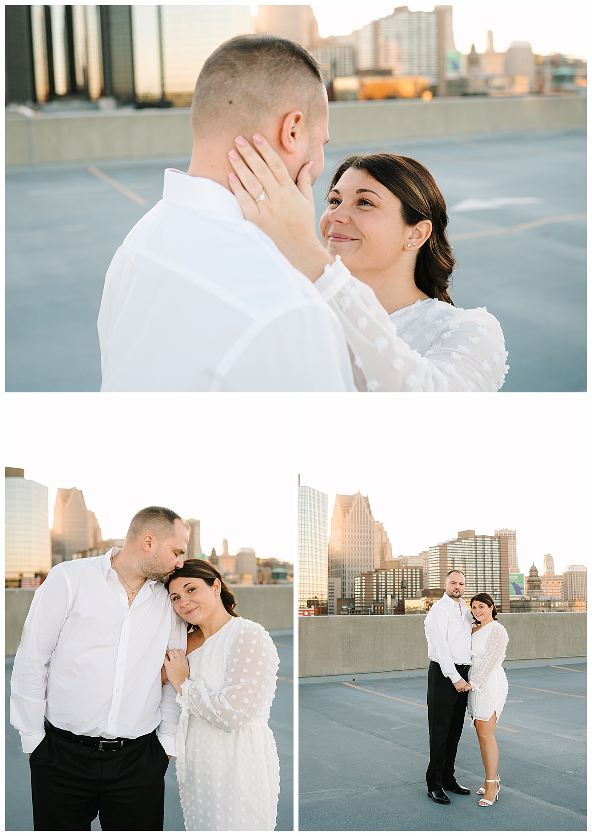 Woman holds man face and arm for Detroit Engagement Session