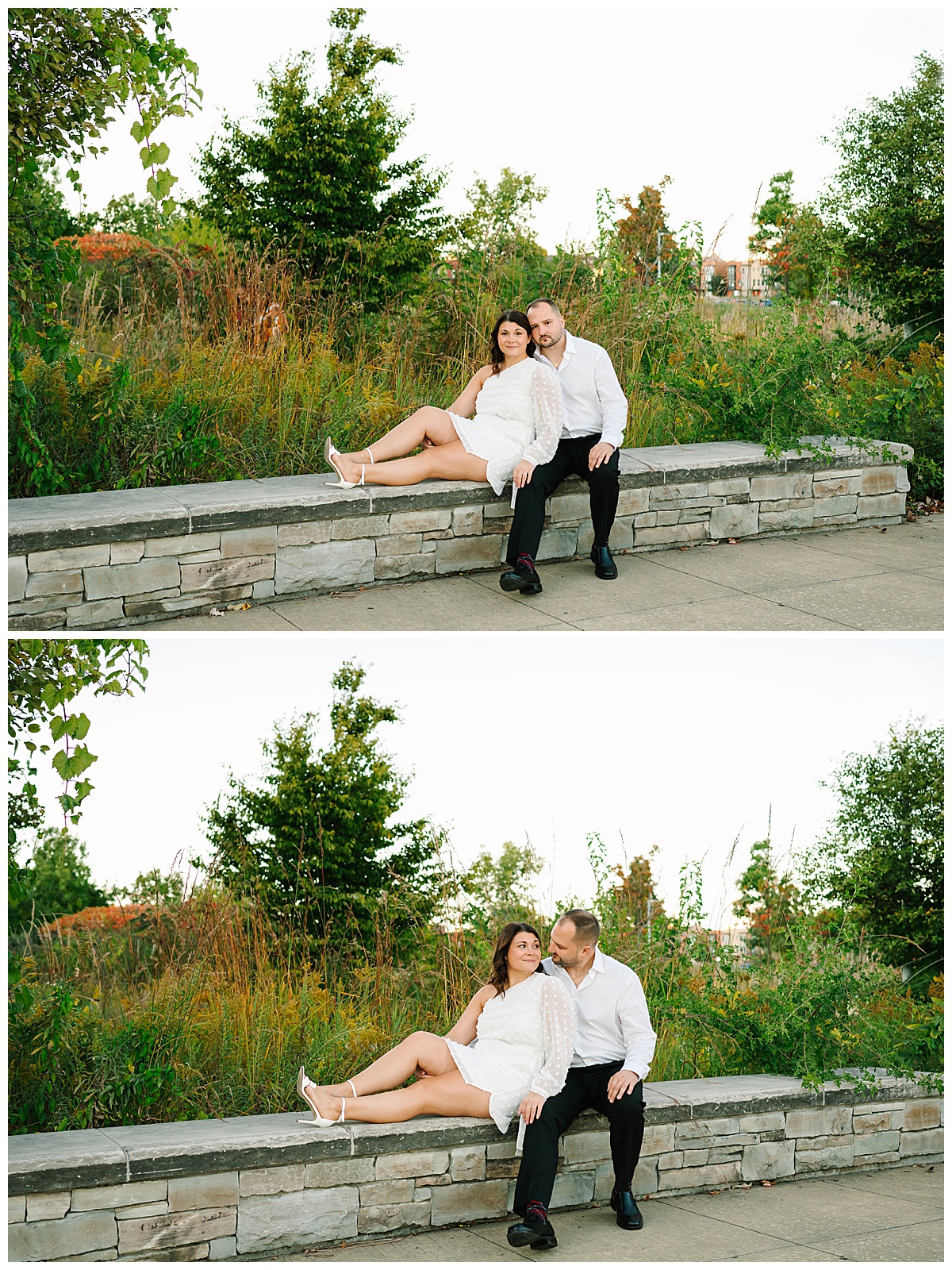 Man and woman sitting on stone wall for Detroit Engagement Session