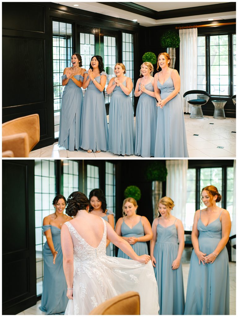 Wedding party reaction to bride at Fox Hills Golf Club