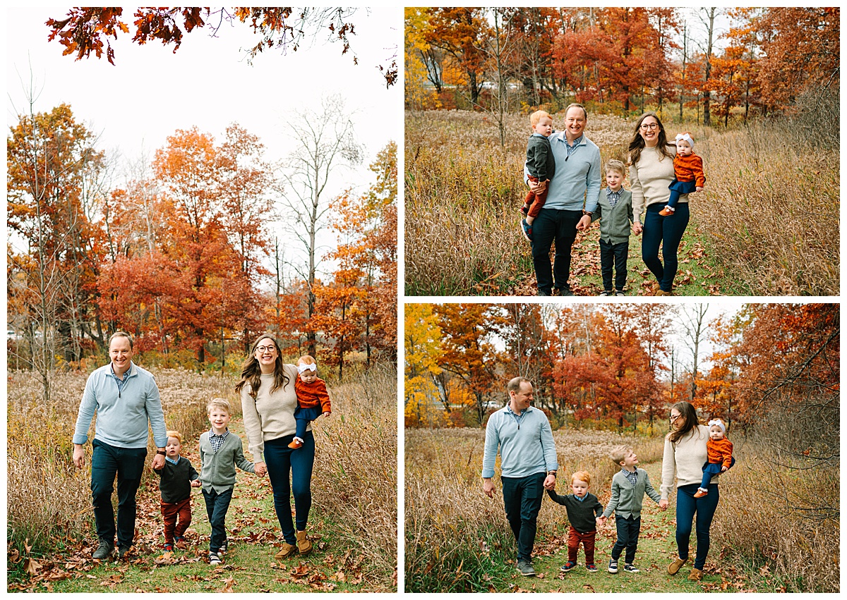 Group walks in beautiful field for White Lake Family Photographer