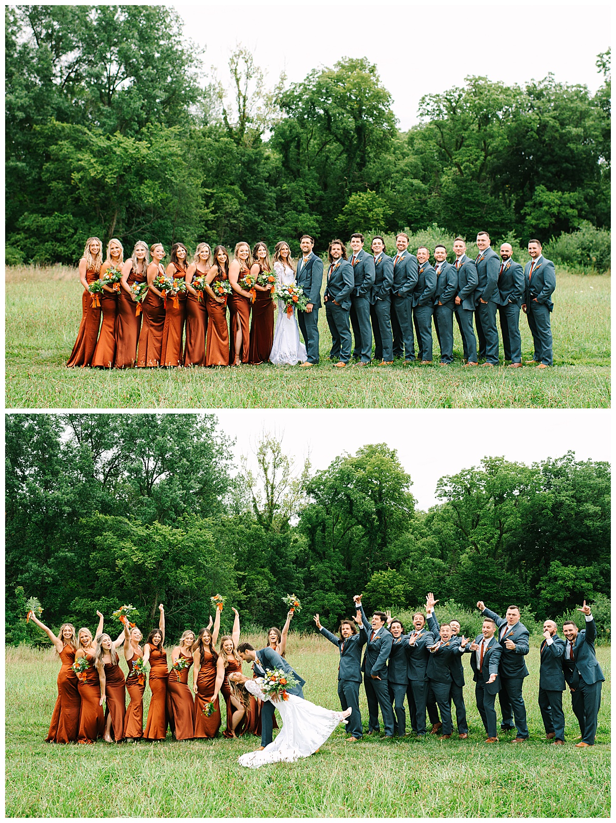 Entire bridal party smile together at Something Blueberry Farm 