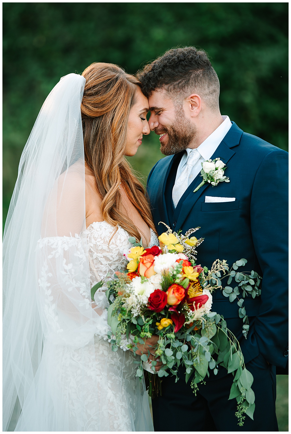 Bride and groom go nose to nose during Glen Oaks wedding