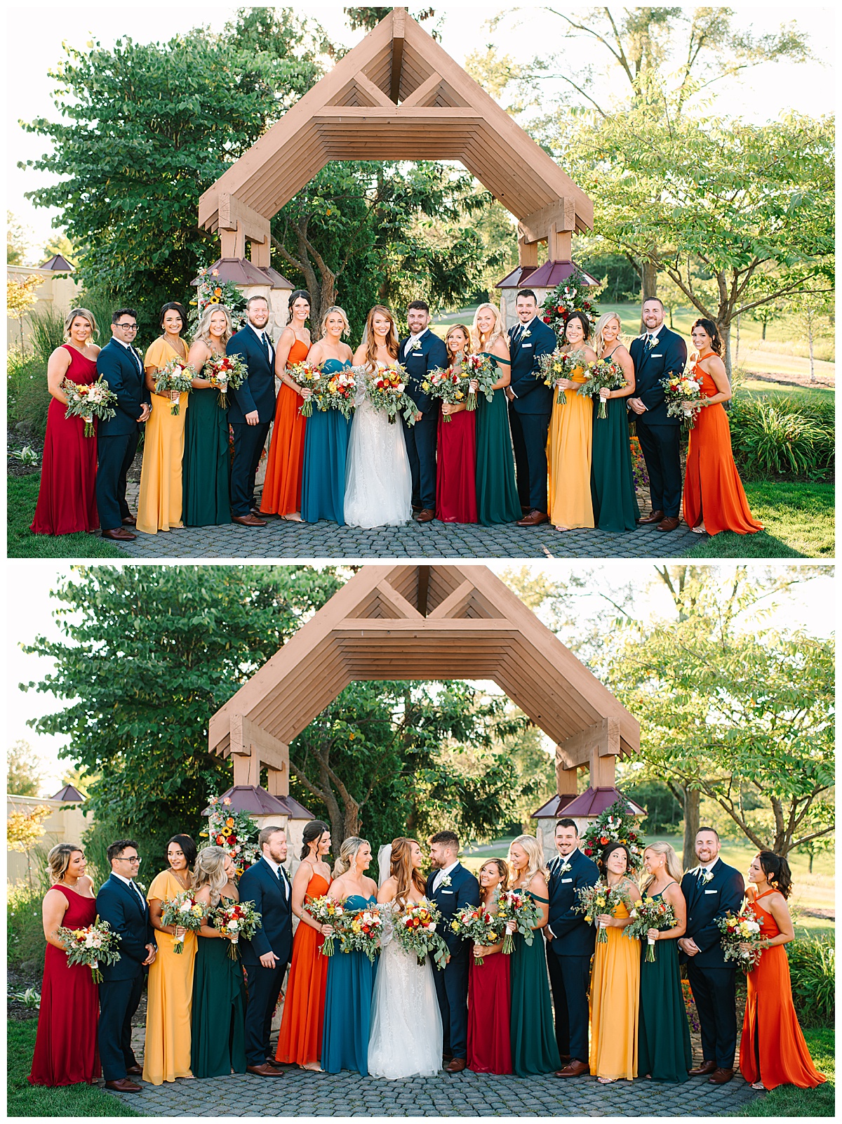 Entire wedding party stand, laugh and smile together at Glen Oaks wedding