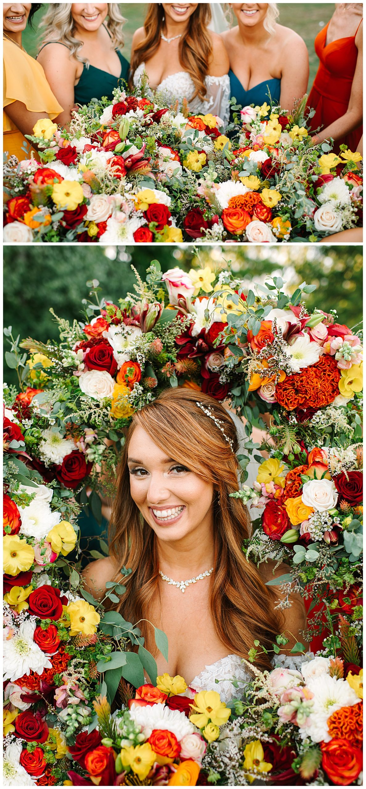 Bride surrounded by bright florals for Glen Oaks wedding